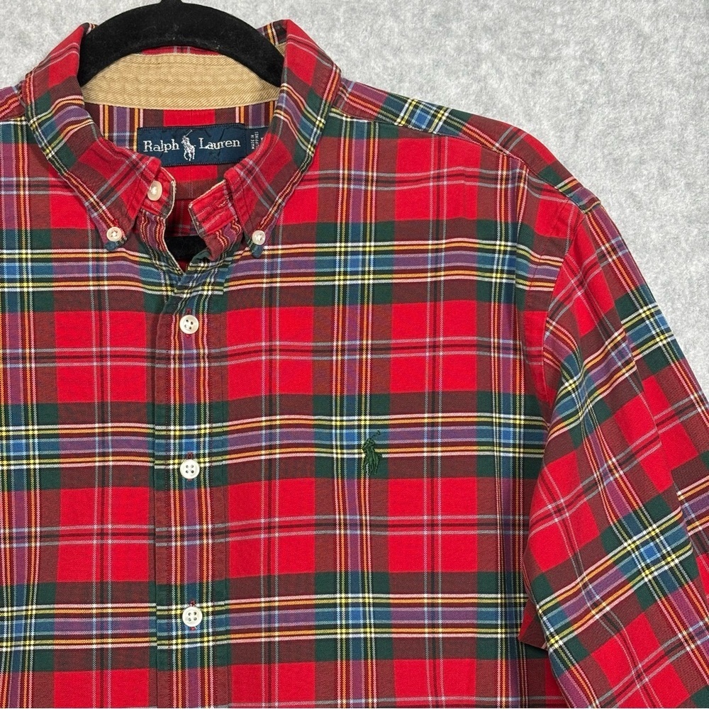 Ralph Lauren Vintage Long Sleeve Button Down Plaid Shirt-Red/Green-Men Large